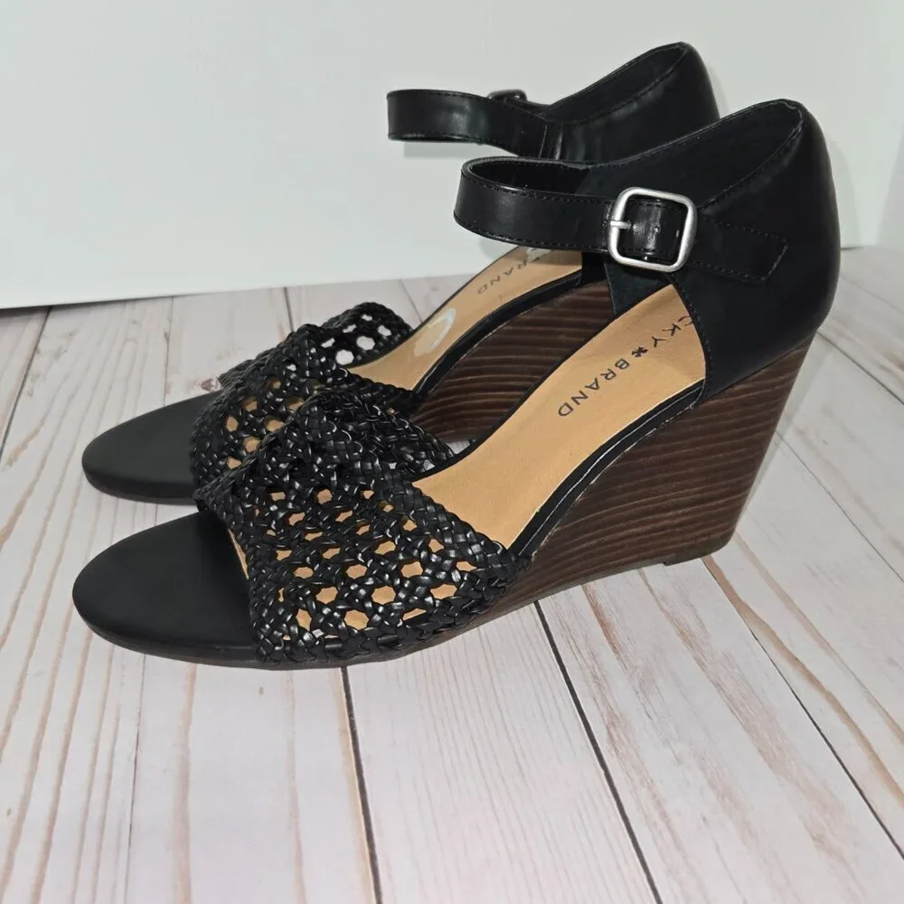 Lucky Brand Rebekka Black Woven Wedge Sandals Women’s Size 9.5 Ankle Strap
